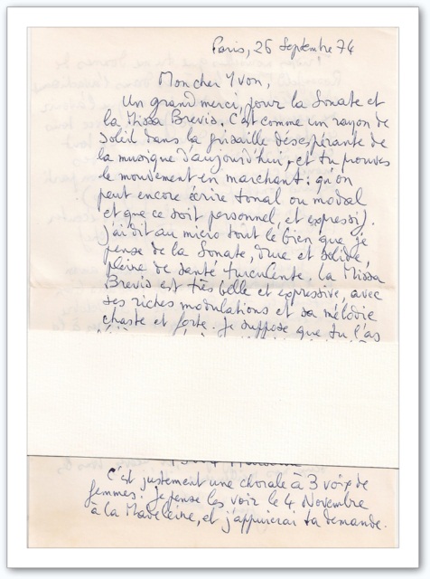 Jean de Solliers à Yvon Bourrel 26 septembre 74 page 1