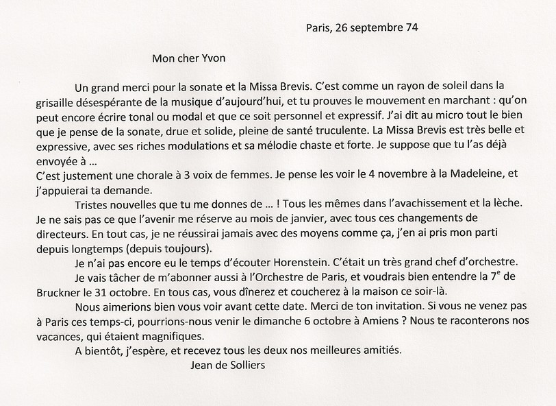 Jean de Solliers à Yvon Bourrel 26 septembre 74 copie