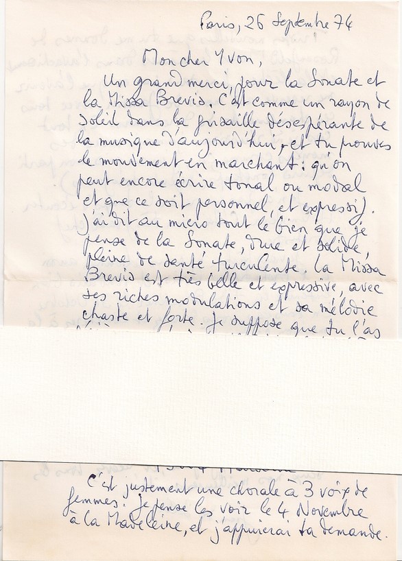 Jean de Solliers à Yvon Bourrel 26 septembre 74 page 1