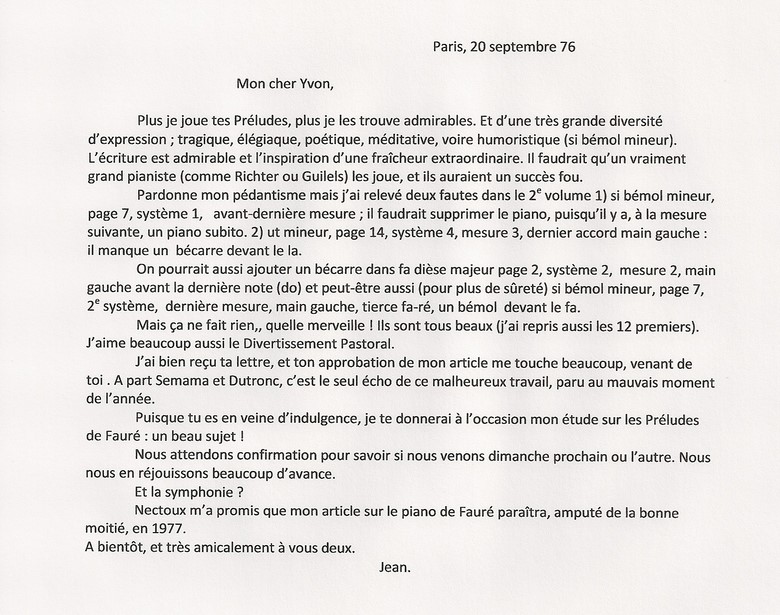 lettre à Yvon Bourrel-septembre 1976-Préludes